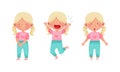 Adorable blonde girl showing different emotions set. Cute kid with smiling, happy, curious face expression cartoon