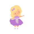 Adorable Blonde Little Girl in Purple Dress Cartoon Vector Illustration
