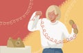 Adorable blonde woman holding telephone handset with torn wire. Concept of break up, assertiveness, disconnect, breaking