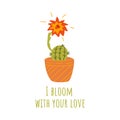 Adorable blooming cactus in a pot. Vector poster