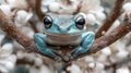 Adorable blue frog on blossom branch Royalty Free Stock Photo