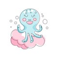 Adorable blue octopus against pink fluffy cloud background. Marine life. Hand drawn style. Linear vector design for