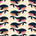 Adorable blue whales hand drawn vector illustration. Funny ocean animals seamless pattern for kids fabric.
