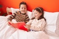 Adorable boy and girl reading book sitting on bed at bedroom Royalty Free Stock Photo