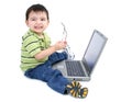 Adorable Boy With Glasses Working On Laptop Over White Royalty Free Stock Photo