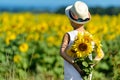 Adorable boy in hat holding sunflower behind his back on yellow field blue sky outdoors Royalty Free Stock Photo