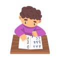 Adorable Boy Learning to Write, Elementary School Student Making Homework Cartoon Vector Illustration