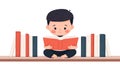 Adorable Boy Reading a Red Book Surrounded by Books on a Shelf Royalty Free Stock Photo