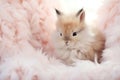 Adorable brown baby rabbit sitting in pink fur