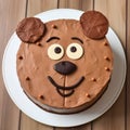 Adorable Brown Bear Cake: A Cartoon-inspired Delight On A Wooden Table