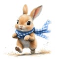 Adorable Brown Bunny in Blue Scarf Running on Sand Royalty Free Stock Photo
