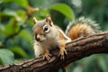 Adorable brown squirrel balances on a tree branch in nature