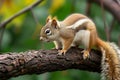 Adorable brown squirrel balances on a tree branch in nature