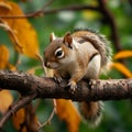 Adorable brown squirrel balances on a tree branch in nature