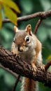 Adorable brown squirrel balances on a tree branch in nature