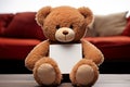 Adorable brown teddy, seated on white backdrop, awaits your cuddles