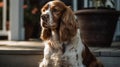 A brown and white cocker spaniel sitting on a front porch created with Generative AI