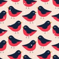 Adorable bullfinch hand drawn vector illustration. Funny winter birds in flat style Christmas seamless pattern for kids fabric. Royalty Free Stock Photo