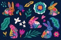 Adorable bunnies with floral elements. Flat cartoon elements in vector