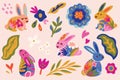 Adorable bunnies with floral elements in flat style. Bright nature elements in vector