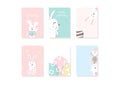 Adorable bunny cartoon, greeting, cover, template, card, pastel cute celebration, Easter day background A4 layout design vector