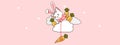 Adorable bunny cat is fishing carrot on cloud in spring day