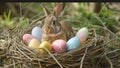 Adorable Bunny Curled Up with Easter Eggs