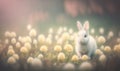 Adorable Bunny with Easter Eggs in Flowery Meadow as Soft Dreamy Background for Easter Invitations.