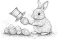 Adorable Bunny Magician and Easter Eggs Line Art Cute bunny rabbit top hat magic Easter eggs springtime Royalty Free Stock Photo