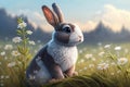 Adorable Bunny in Meadow. AI