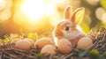 Adorable bunny nestled among eggs in sunlit spring meadow Royalty Free Stock Photo