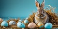 Adorable Bunny with Speckled Easter Eggs Nestled in Straw on a Pastel Blue Background Symbolizing Springtime Celebration