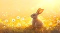 Adorable bunny in sunlit meadow with dandelions Royalty Free Stock Photo