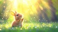Adorable bunny in sunlit meadow with glowing sunbeams and falling petals. Happy Easter Royalty Free Stock Photo