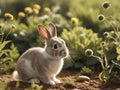 Adorable bunny in sunlit meadow surrounded by lush greenery. Royalty Free Stock Photo