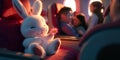 Adorable Bunny Toy on Airplane Night Flight Adventure Royalty Free Stock Photo