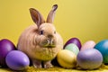 Adorable Bunnys With Easter Eggs. Festive decoration. Happy Easter! Generative AI