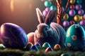 Adorable Bunnys With Easter Eggs In Flowery Meadow. Festive decoration. Happy Easter! Generative AI