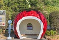 Adorable bus stop designed as a giant strawberry fruit on the Tokimeki Fruit-shaped Avenue in Isahaya.