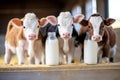 Adorable Calves Enjoying Milk in a Spacious Barn
