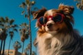 Adorable canine with stylish shades relaxing on a tropical vacation, blank space for text