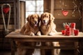 Adorable canines embracing valentines day with heart decorations and stylish heart glasses