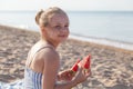 Adorable carefree little girl smiling at summer sea beach Royalty Free Stock Photo