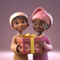 Adorable Cartoon Avatar of Cheerful African Muslim Boys with A Gift Box, Eid Mubarak, Generative AI