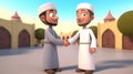 Adorable Cartoon Avatar of Muslim Boys Shaking Hands, Mosque, Trees on Background. Eid Mubarak, Generative-AI Digital