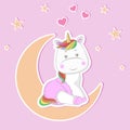 Adorable cartoon baby Unicorn in a pink diaper sitting moon and smiling.
