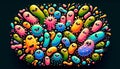 Adorable cartoon bacteria and microbes with happy faces, vibrant colors, and playful expressions. Fun and whimsical