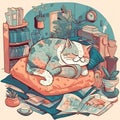 Cartoon Cat Sleeping on Fluffy Cushion in Cozy Room