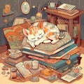 Cartoon Cat Sleeping on Fluffy Cushion in Cozy Room