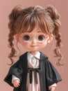 Adorable Cartoon Character with Glasses Wearing a Wizard Cloak and Braided Pigtails on Peach Background Cute 3D Animation Render